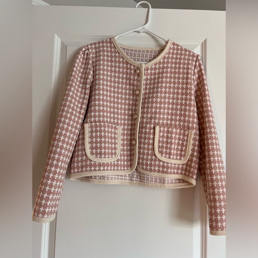 Pink and Cream Houndstooth Cardigan